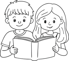 Little boy and little girl reading book 