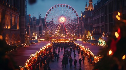Illuminated Ferris wheel overlooking a bustling Christmas market with rows of festive stalls and people enjoying the atmosphere.