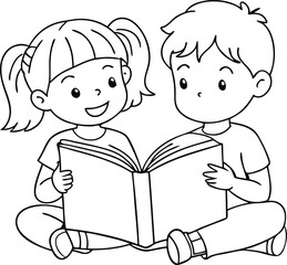 Little boy and little girl reading book 