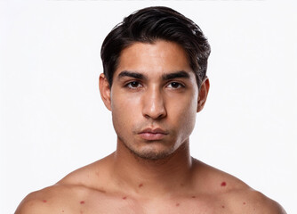 Fototapeta premium Close-up photography of an American European man with severe acnes on body, disease monkeypox, visible redness and inflammation, isolated on a white background, studio lighting, surface detail
