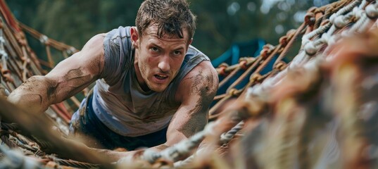 Determined Athlete Conquering Obstacle Course in Muddy Race for Fitness Challenge and Endurance