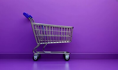A silver shopping cart on a purple background. - Powered by Adobe