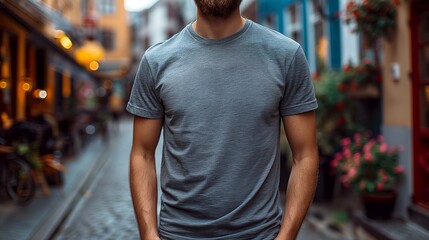 Man in grey t-shirt mockup, front view, blurred street background, bokeh effect, natural lighting, bright colors, focus on the shirt.