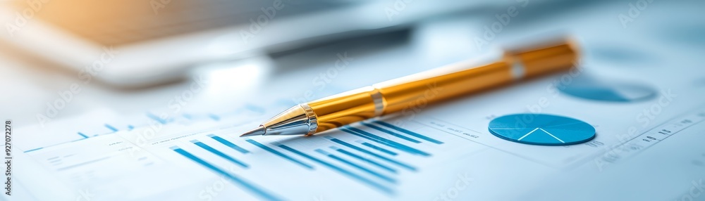Poster close-up of a golden pen resting on financial charts and graphs, representing data analysis, busines