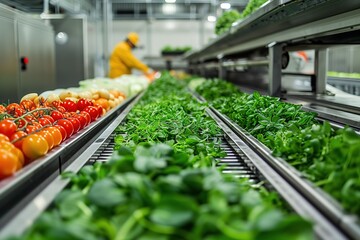 A close-up view of green leafy vegetables being transported along a metal conveyor belt in a food processing facility.