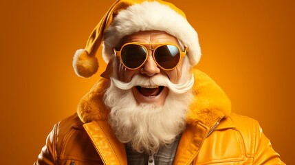 Funky santa dj spinning christmas beats in nightclub party invite on yellow background