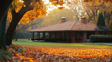 An elderly care facility surrounded by colorful autumn leaves, creating a harmonious blend of nature and tranquility
