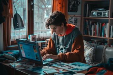 High School Graduate Studying in Cozy Room Wearing University Hoodie - College Preparation Concept