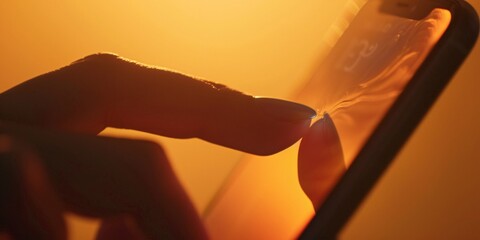 Close-up of fingertip tapping mobile device display against cozy backdrop.