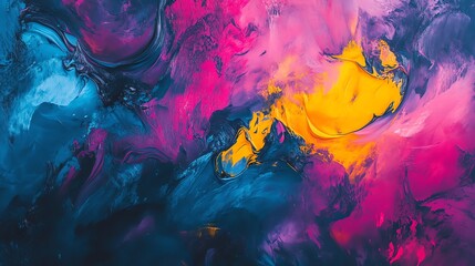 Abstract Painting with Vibrant Swirls of Blue, Pink, and Yellow