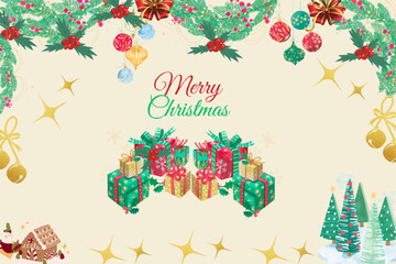 Yellow  Christmas with Box Gigt, Tree, Snow Ball, Pine , Star and Space Backgroun, Wallpaper, Card , Merry Christmas, Happy , Celebrate