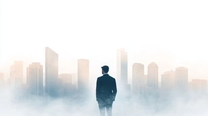 Fototapeta premium Businessman in Foggy Cityscape with Skyscrapers