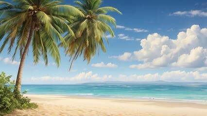 Palm tree with coconuts, swaying in the breeze, on a sandy beach.