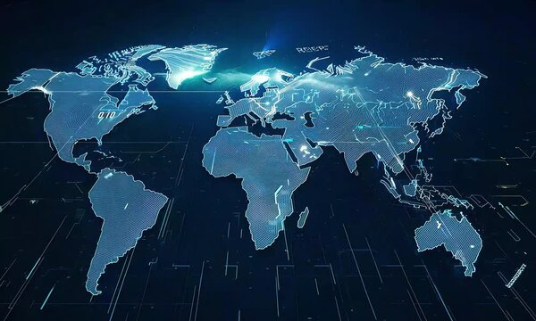 Abstract dark blue background with light blue lines and a faded world map.