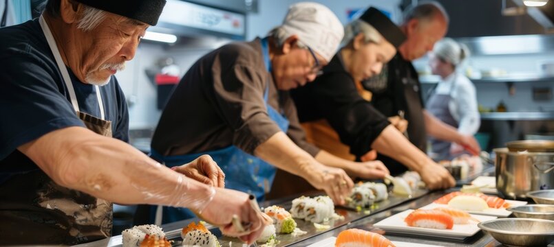 Middle Aged Friends Enjoy a Lively Sushi Making Class with Professional Chef Instruction
