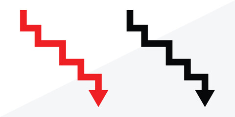 Business share market downfall red arrow. Businessman stick figure character downfall by dollar coin and decrease arrow chart. Business failure, investment loss or market crash crisis in eps 10.