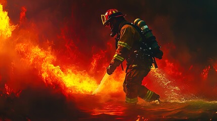 Heroic Firefighter in Action: Captivating Scene of Courage and Valor - Perfect for a Bold Sports Decor Poster, Featuring Vivid Flames and Striking Yellow and Red Gear
