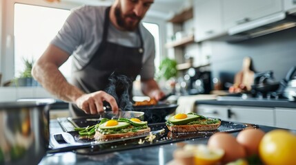 Man Cooking Protein-Packed Breakfast of Eggs and Avocado Toast in Modern Kitchen