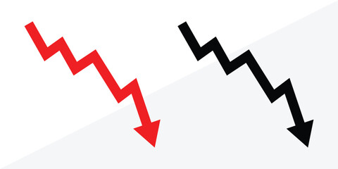 Business share market downfall red arrow. Businessman stick figure character downfall by dollar coin and decrease arrow chart. Business failure, investment loss or market crash crisis in eps 10.