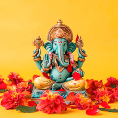 Fototapeta premium Colorful lord ganesha sculpture on yellow background