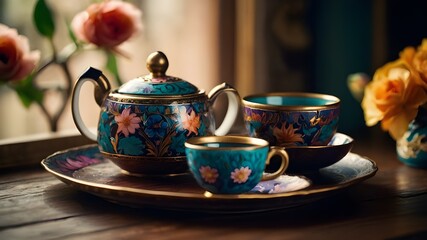 A unique and diverse tea set, featuring intricate floral designs and a mix of bold and delicate colors. The set is rendered in a vintage style, with a touch of modern flair.