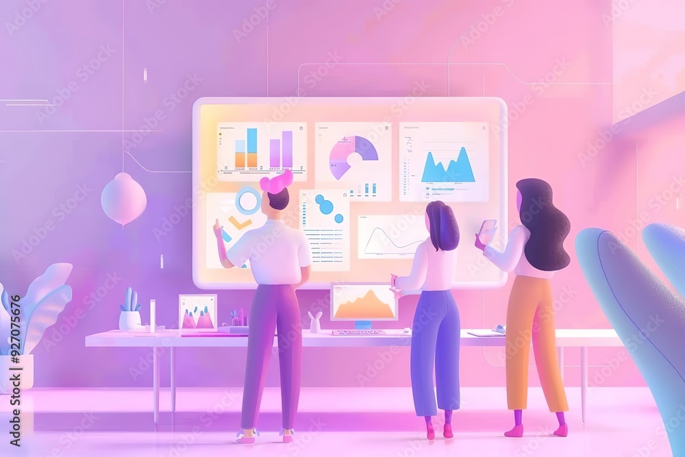 Poster three people are standing in front of a large monitor displaying various graphs