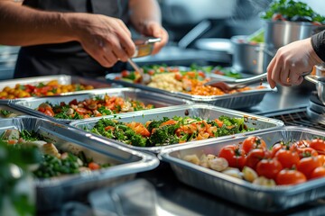Close-up of a chef's hands preparing a variety of fresh vegetables in aluminum trays.