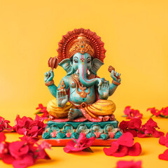 Colorful lord ganesha sculpture on yellow background