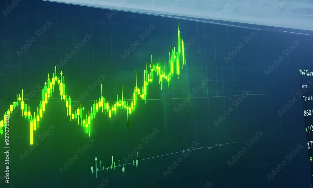 Leinwandbilder Close up of a screen showing a blue and green line graph, numbers, and data in the bottom right corner.
