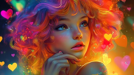 Fototapeta premium Whimsical Fantasy Poster: Vibrant-Haired Girl in Thoughtful Pose Surrounded by Colorful Hearts and Shapes - Perfect for Artistic Home Decor or Youthful Spaces!
