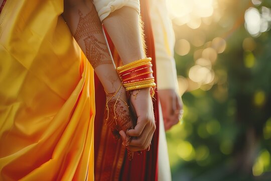 A couple holding hands with yellow and red bangles