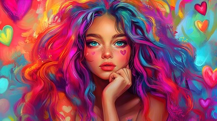 Obraz premium Whimsical Fantasy Poster: Vibrant-Haired Girl in Thoughtful Pose Surrounded by Colorful Hearts and Shapes - Perfect for Artistic Home Decor or Youthful Spaces!
