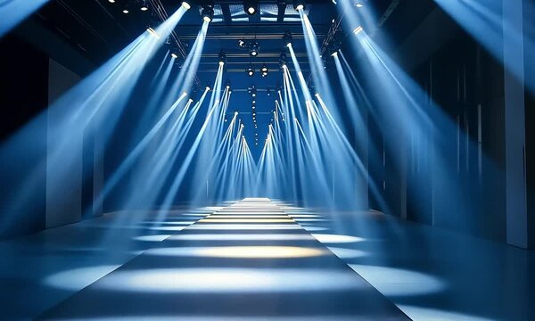 Empty runway with blue spotlight beams in a dark room.