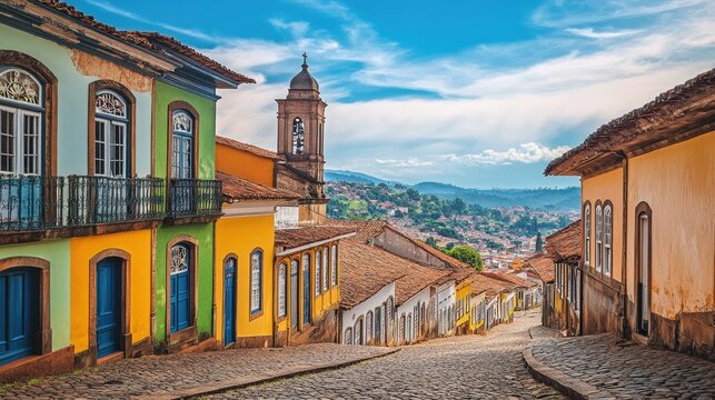 The colorful colonial architecture of Ouro Preto, with cobblestone streets and historic churches.