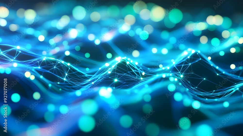 Poster abstract blue bokeh background with network pattern