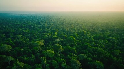 The dense canopy of the Amazon rainforest seen from above, with layers of green stretching to the horizon.