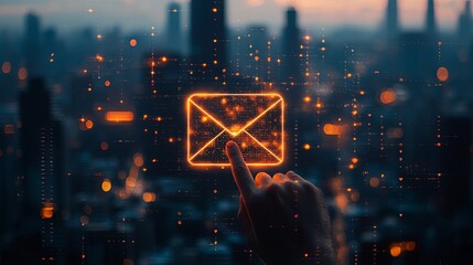 Modern communication. Hand pressing an email icon on a blurred cityscape background concept