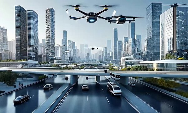 Futuristic cityscape with flying drones and cars on a highway.