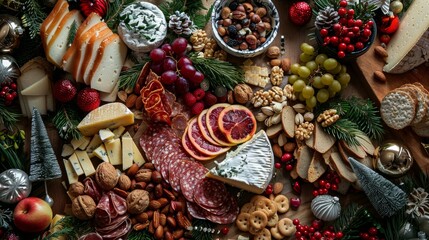 Festive Christmas Charcuterie Board with Cheeses, Meats, Fruits, Nuts, and Holiday Decorations