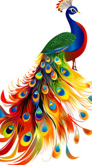 Fototapeta premium Artistic depiction of a colorful peacock against a plain white background.