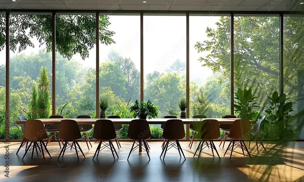 Poster modern dining room with large windows overlooking a lush green forest.