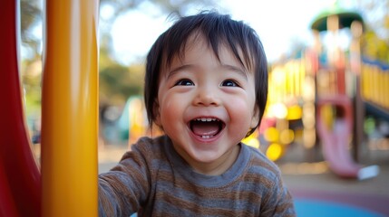 A joyful child smiling at playground, expressing happiness and excitement. 