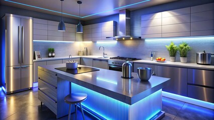 sleek futuristic kitchen setup google home device harmoniously integrated into modern countertop stainless steel appliances gleaming metallic surfaces bold neon accents dynamic lighting