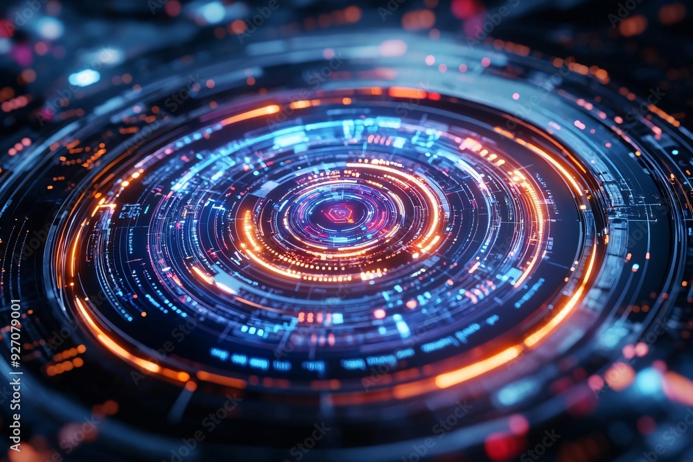 Poster an abstract digital design featuring concentric circles with vibrant neon lights and intricate patte