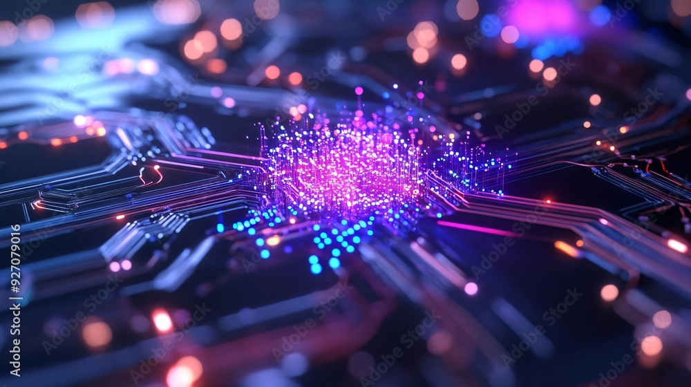 Poster an abstract representation of a digital circuit with vibrant lights and intricate patterns symbolizi