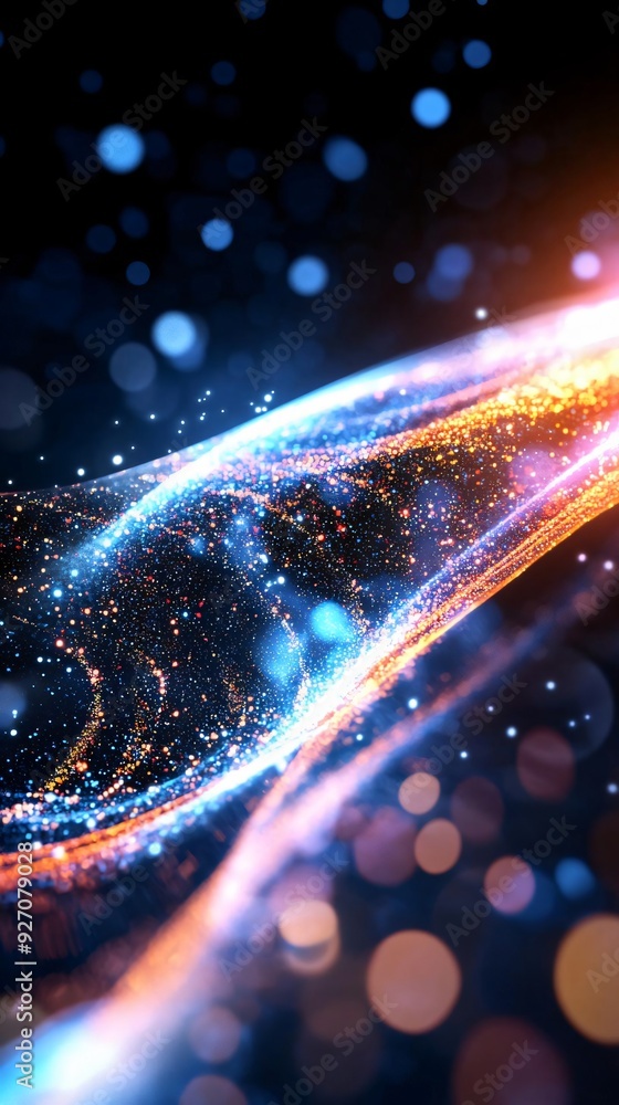 Poster an abstract representation of swirling colors and glowing particles, creating a sense of motion and 