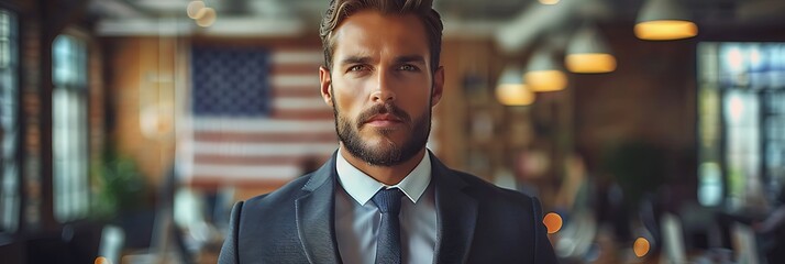 American businessman in a modern office with the American flag in the background