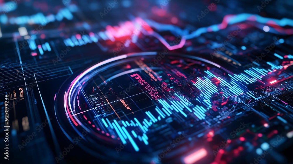 Poster futuristic data visualization with vibrant colors showcasing digital analytics and financial trends 