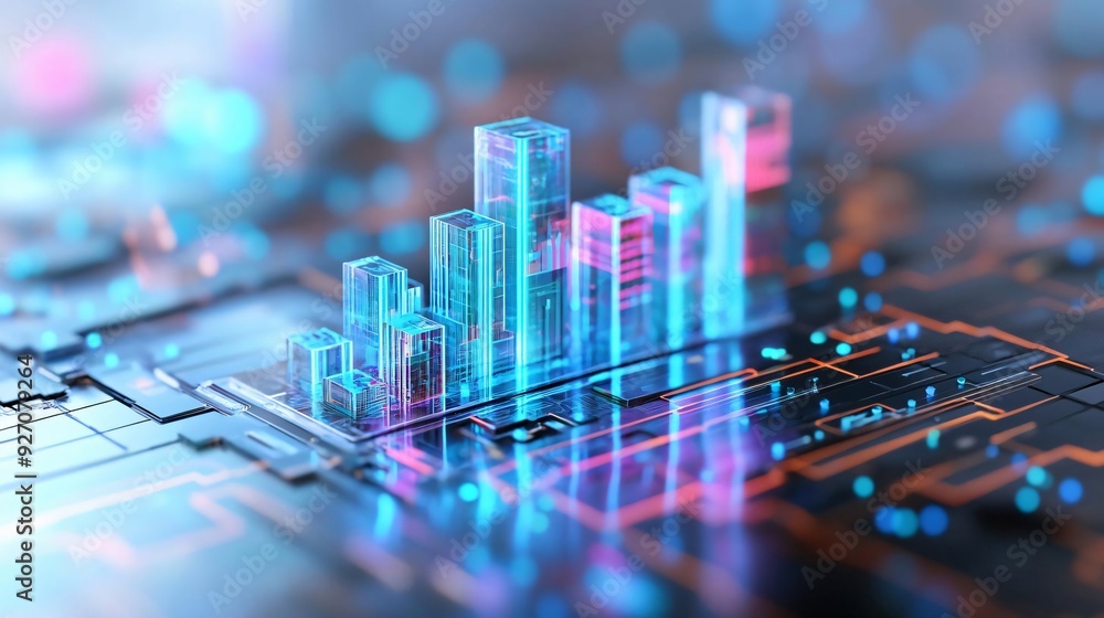 Aufkleber futuristic data visualization on a digital circuit board, featuring glowing bars representing growth