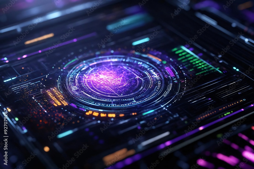Poster futuristic digital interface displaying complex data and vibrant colors in a technology-driven envir